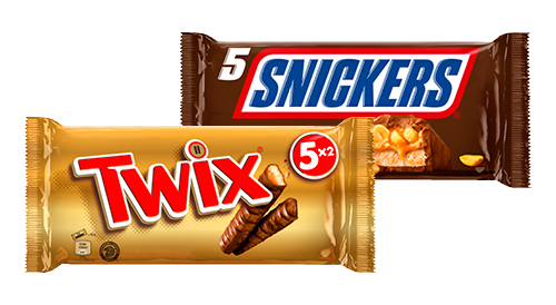 Šokolādes batoniņi SNICKERS vai TWIX, 1 iepak./5 gab., 250 g
