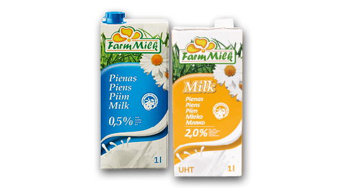 Piens FARM MILK, 1 l, 0,5% vai 2%, UHT